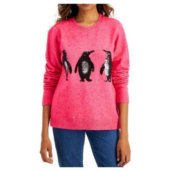 KAREN SCOTT PINK, BLACK, & WHITE SEQUIN PENGUIN SWEATER SZ.M/L EUC. - Picture 1 of 4